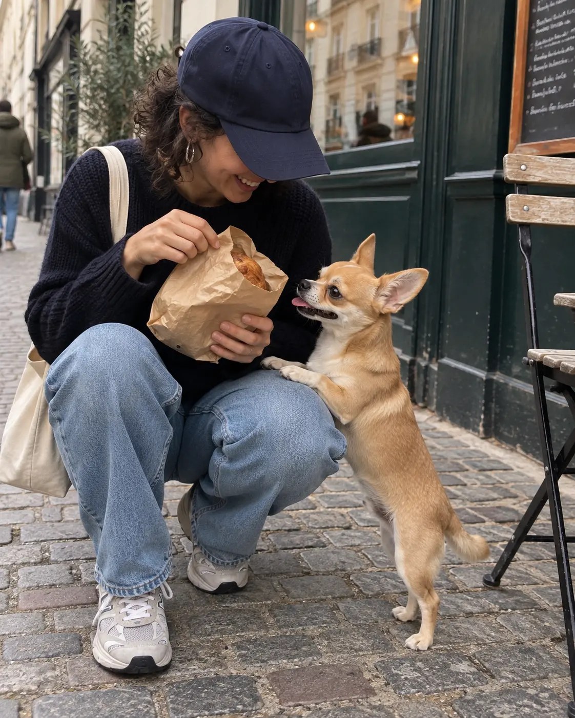 Dog inspecting bread on the street